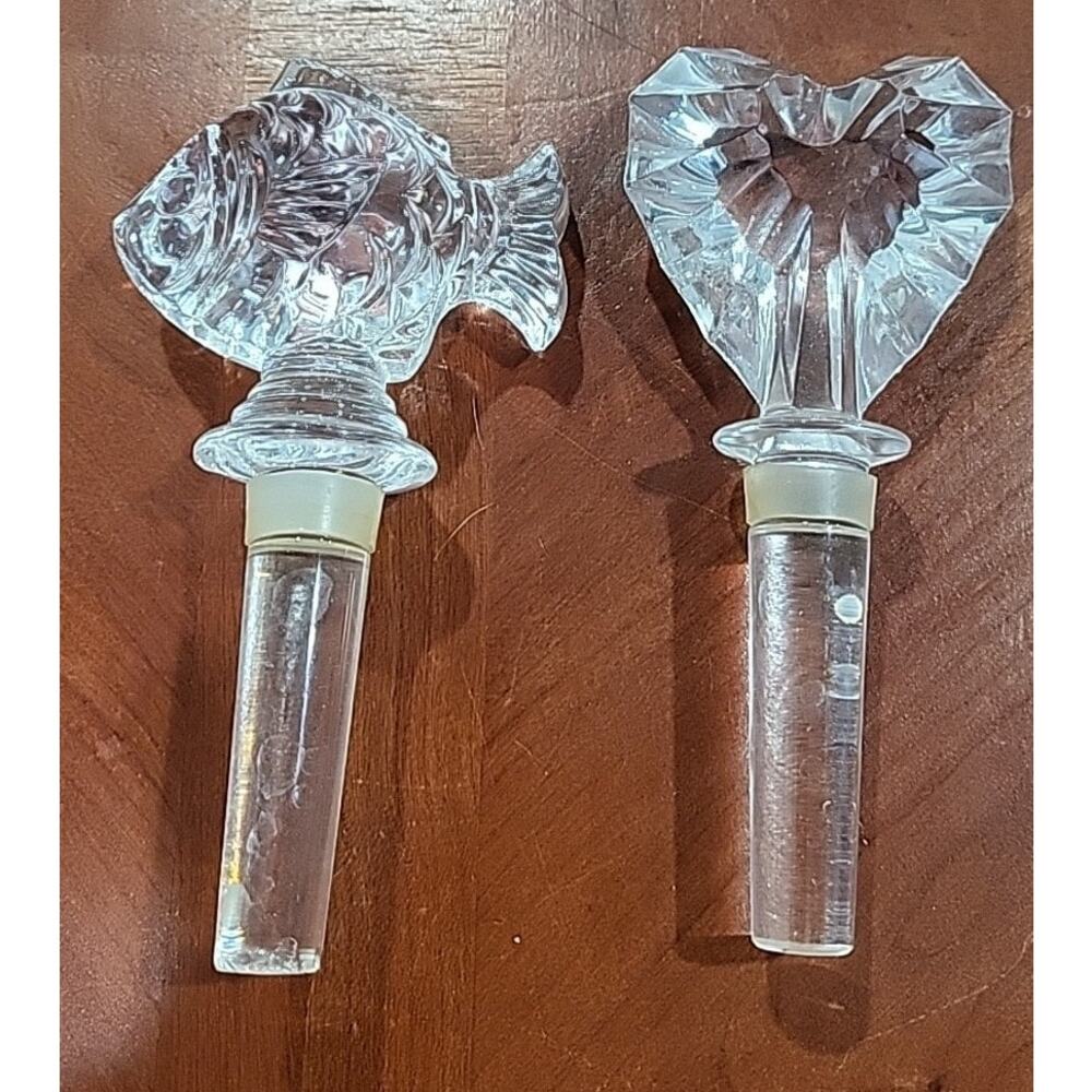 Glass Heart & Fish Wine Bottle Stoppers Clear Mikasa Set Of 2